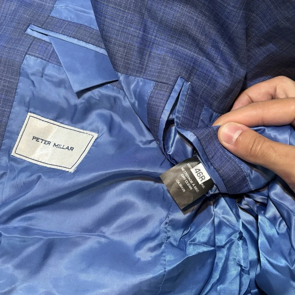 Peter Millar Blazer Mens 46R Blue 100% Wool Sport Coat Plaid Two Button